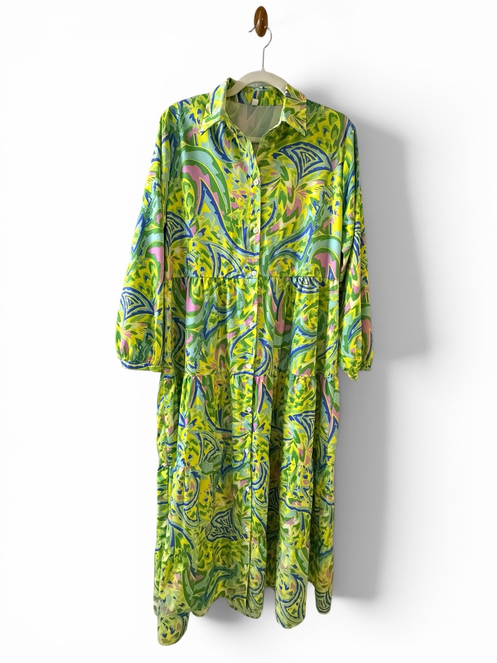 Colorful Tropical Abstract Print Button Front Maxi Dress | Size L